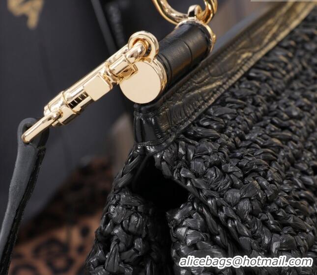 Shop Cheap Dolce&Gabbana Small Sicily handbag in Raffia Crochet and Crocodile Embossed Leather BB6112 Black 2024