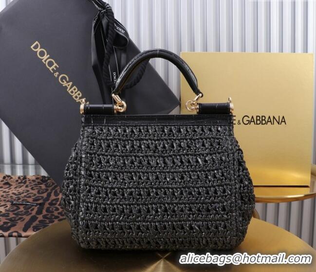 Shop Cheap Dolce&Gabbana Small Sicily handbag in Raffia Crochet and Crocodile Embossed Leather BB6112 Black 2024