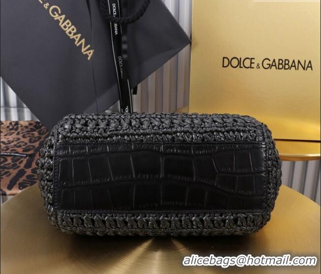 Shop Cheap Dolce&Gabbana Small Sicily handbag in Raffia Crochet and Crocodile Embossed Leather BB6112 Black 2024