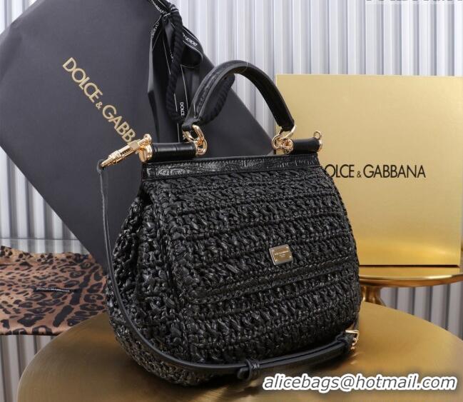 Shop Cheap Dolce&Gabbana Small Sicily handbag in Raffia Crochet and Crocodile Embossed Leather BB6112 Black 2024