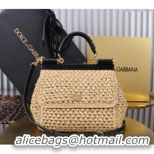 Buy Discount Dolce&Gabbana Small Sicily handbag in Raffia Crochet and Snakeskin Embossed Leather BB6112 Beige/Black 2024