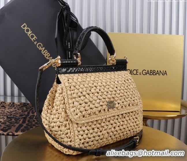 Buy Discount Dolce&Gabbana Small Sicily handbag in Raffia Crochet and Snakeskin Embossed Leather BB6112 Beige/Black 2024