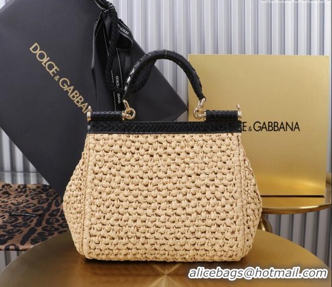 Buy Discount Dolce&Gabbana Small Sicily handbag in Raffia Crochet and Snakeskin Embossed Leather BB6112 Beige/Black 2024