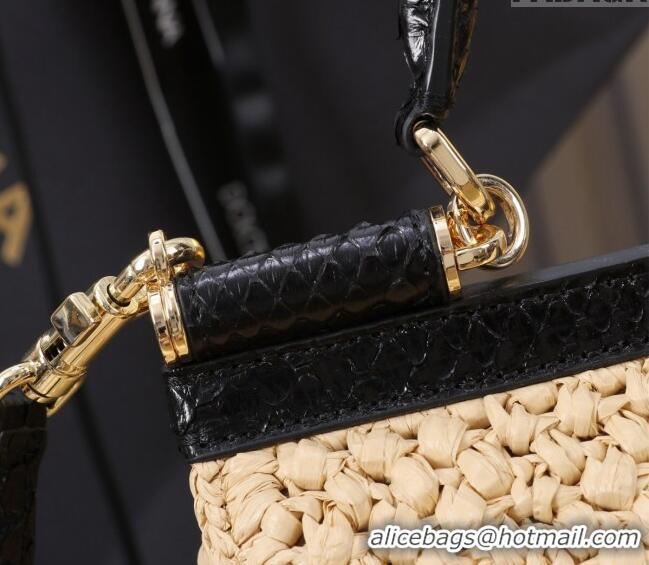 Buy Discount Dolce&Gabbana Small Sicily handbag in Raffia Crochet and Snakeskin Embossed Leather BB6112 Beige/Black 2024