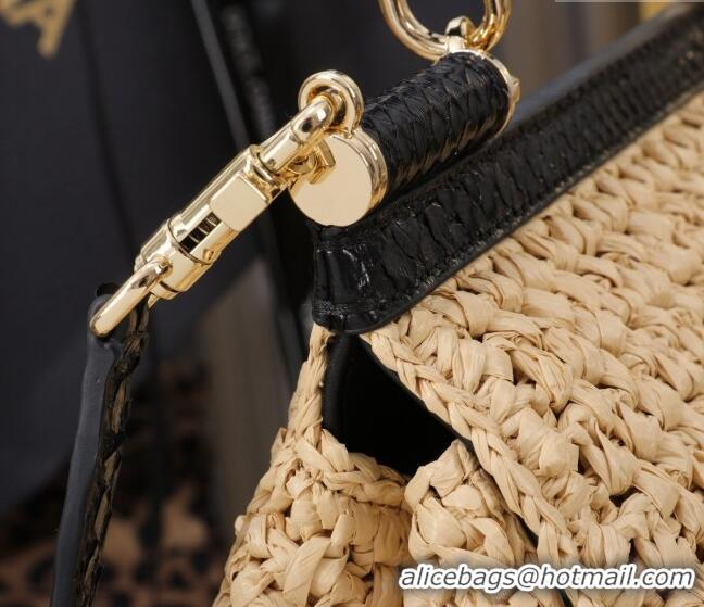 Buy Discount Dolce&Gabbana Small Sicily handbag in Raffia Crochet and Snakeskin Embossed Leather BB6112 Beige/Black 2024