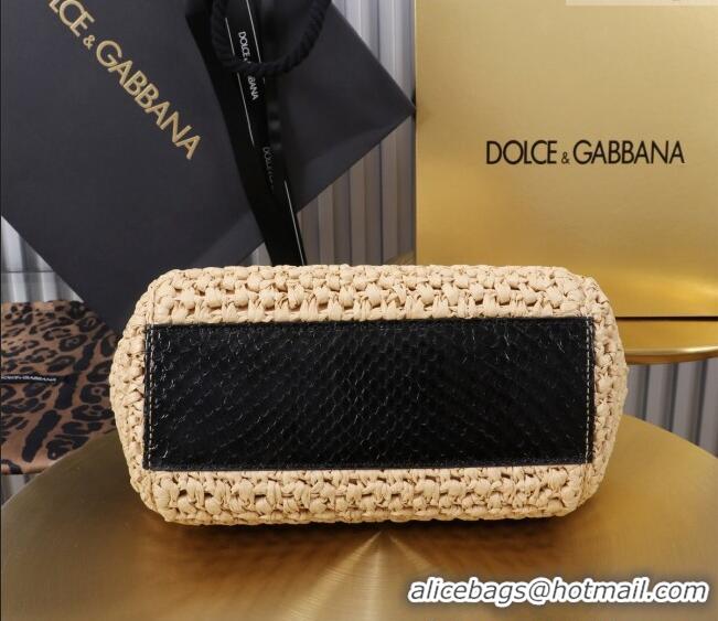 Buy Discount Dolce&Gabbana Small Sicily handbag in Raffia Crochet and Snakeskin Embossed Leather BB6112 Beige/Black 2024