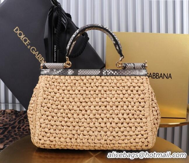 Trendy Design Dolce&Gabbana Elongated Medium Sicily handbag in Raffia Crochet and Snakeskin Embossed Leather BB6116 Beig