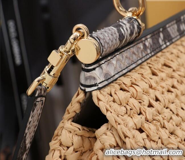 Trendy Design Dolce&Gabbana Elongated Medium Sicily handbag in Raffia Crochet and Snakeskin Embossed Leather BB6116 Beig