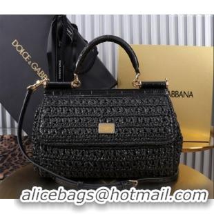 Grade Quality Dolce&Gabbana Elongated Medium Sicily handbag in Raffia Crochet and Crocodile Embossed Leather BB6116 Blac