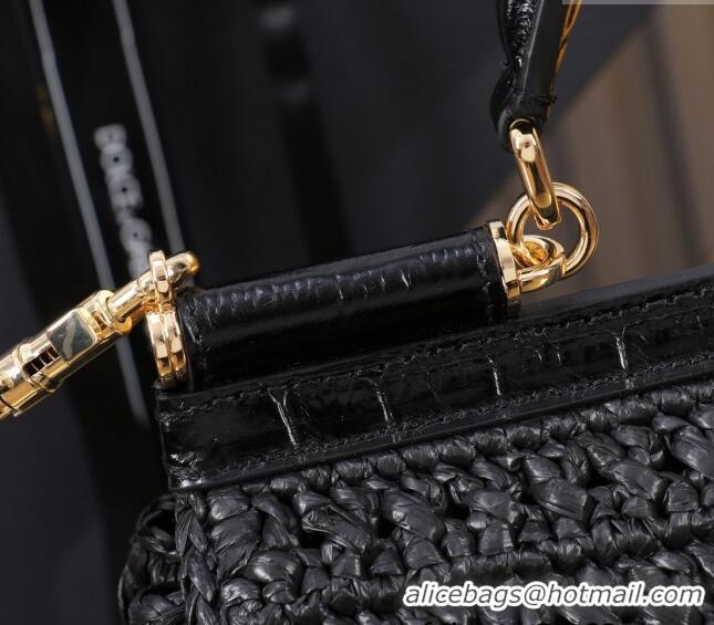 Grade Quality Dolce&Gabbana Elongated Medium Sicily handbag in Raffia Crochet and Crocodile Embossed Leather BB6116 Blac