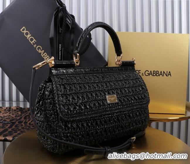 Grade Quality Dolce&Gabbana Elongated Medium Sicily handbag in Raffia Crochet and Crocodile Embossed Leather BB6116 Blac