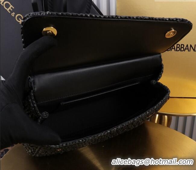 Grade Quality Dolce&Gabbana Elongated Medium Sicily handbag in Raffia Crochet and Crocodile Embossed Leather BB6116 Blac