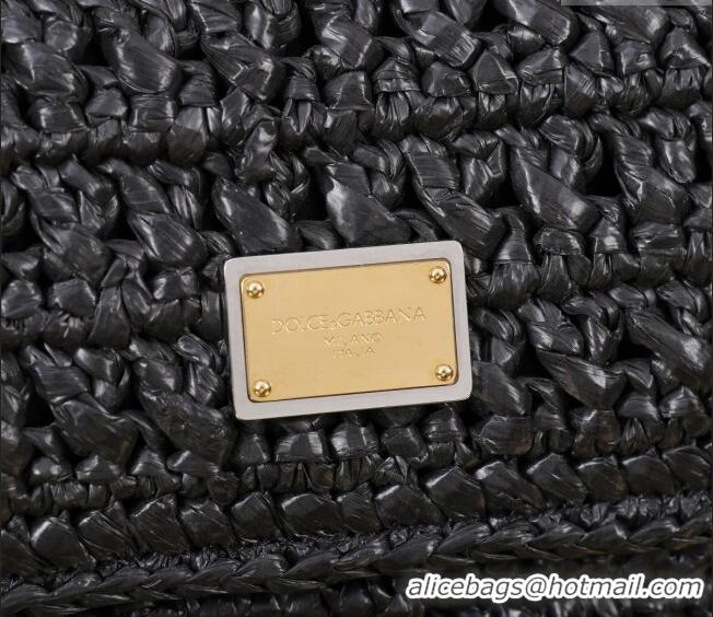 Grade Quality Dolce&Gabbana Elongated Medium Sicily handbag in Raffia Crochet and Crocodile Embossed Leather BB6116 Blac