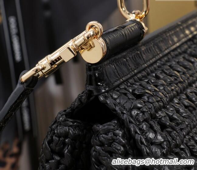 Grade Quality Dolce&Gabbana Elongated Medium Sicily handbag in Raffia Crochet and Crocodile Embossed Leather BB6116 Blac