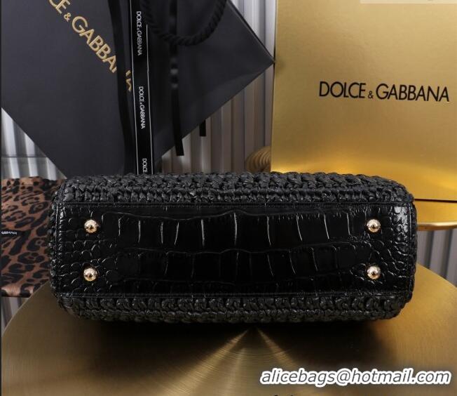 Grade Quality Dolce&Gabbana Elongated Medium Sicily handbag in Raffia Crochet and Crocodile Embossed Leather BB6116 Blac