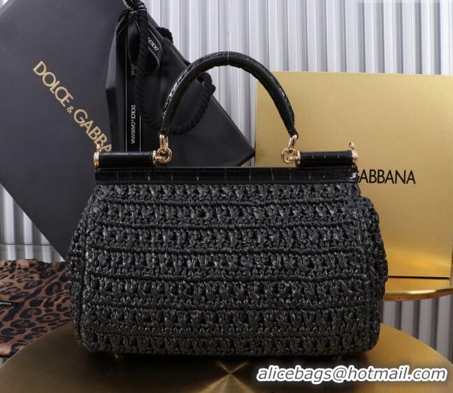 Grade Quality Dolce&Gabbana Elongated Medium Sicily handbag in Raffia Crochet and Crocodile Embossed Leather BB6116 Blac