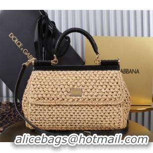 Best Price Dolce&Gabbana Elongated Medium Sicily handbag in Raffia Crochet and Snakeskin Embossed Leather BB6116 Beige/B