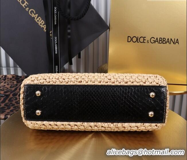 Best Price Dolce&Gabbana Elongated Medium Sicily handbag in Raffia Crochet and Snakeskin Embossed Leather BB6116 Beige/B