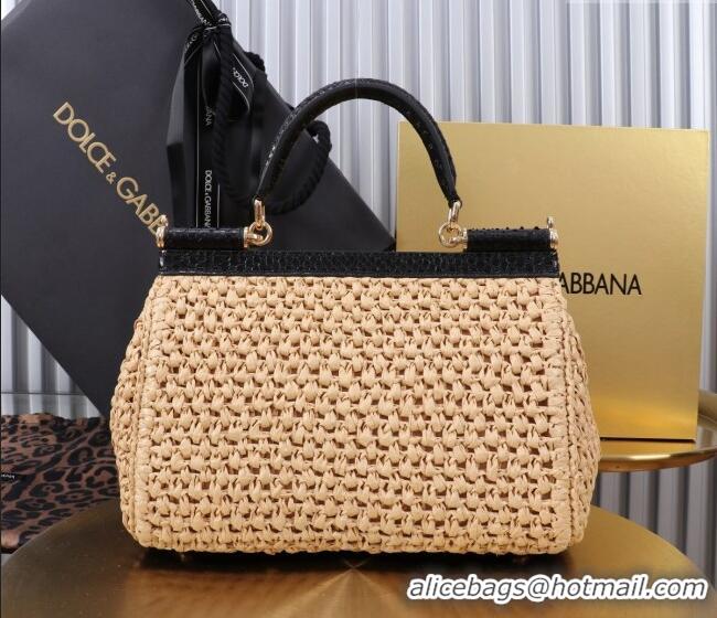 Best Price Dolce&Gabbana Elongated Medium Sicily handbag in Raffia Crochet and Snakeskin Embossed Leather BB6116 Beige/B