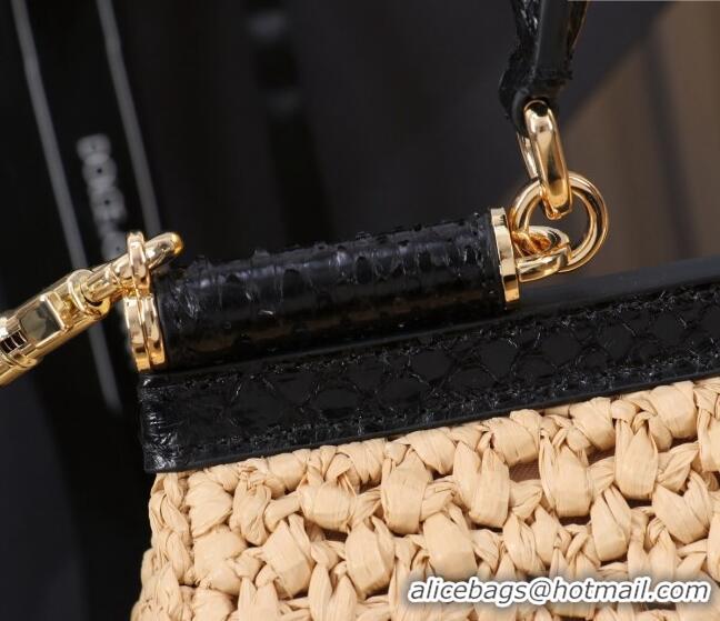 Best Price Dolce&Gabbana Elongated Medium Sicily handbag in Raffia Crochet and Snakeskin Embossed Leather BB6116 Beige/B