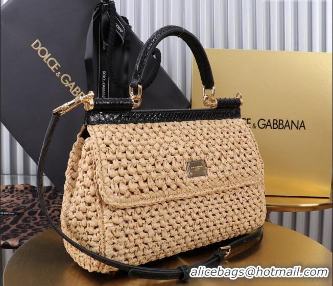 Best Price Dolce&Gabbana Elongated Medium Sicily handbag in Raffia Crochet and Snakeskin Embossed Leather BB6116 Beige/B