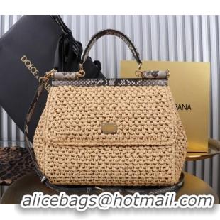 Shop Promotional Dolce&Gabbana Large Sicily handbag in Raffia Crochet and Snakeskin Embossed Leather BB6113 Beige/Grey 2