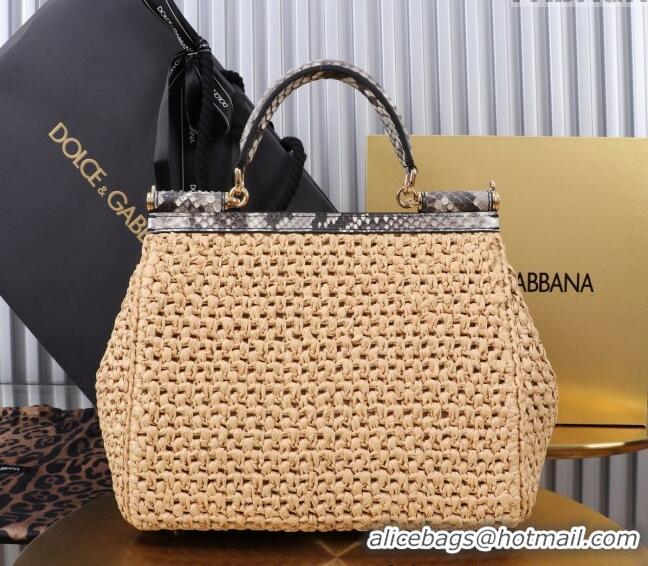 Shop Promotional Dolce&Gabbana Large Sicily handbag in Raffia Crochet and Snakeskin Embossed Leather BB6113 Beige/Grey 2