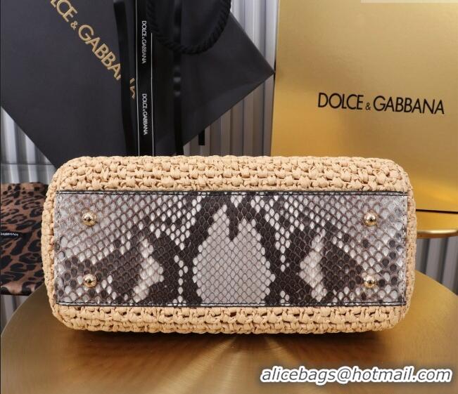 Shop Promotional Dolce&Gabbana Large Sicily handbag in Raffia Crochet and Snakeskin Embossed Leather BB6113 Beige/Grey 2