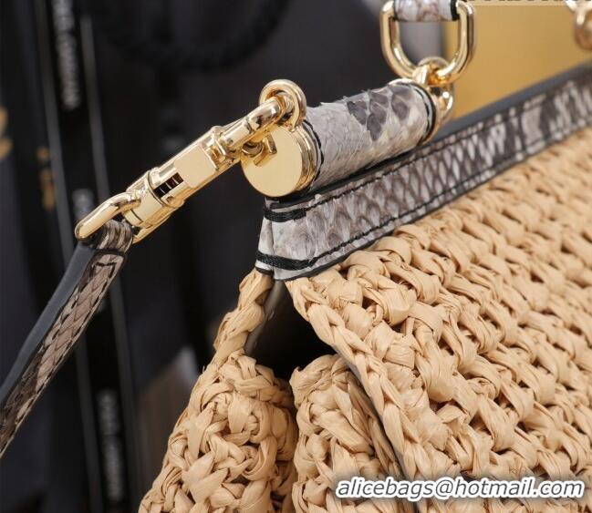 Shop Promotional Dolce&Gabbana Large Sicily handbag in Raffia Crochet and Snakeskin Embossed Leather BB6113 Beige/Grey 2