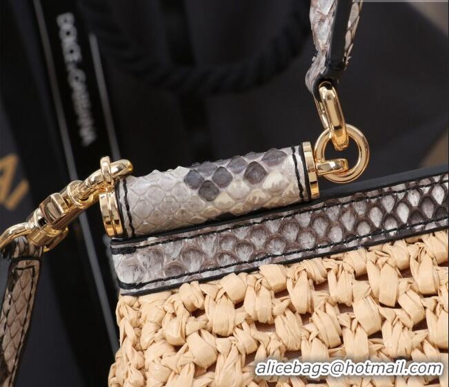 Shop Promotional Dolce&Gabbana Large Sicily handbag in Raffia Crochet and Snakeskin Embossed Leather BB6113 Beige/Grey 2