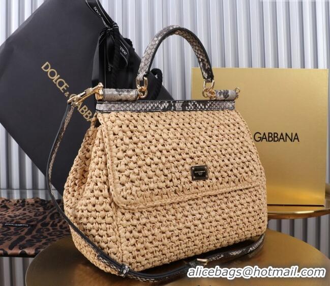 Shop Promotional Dolce&Gabbana Large Sicily handbag in Raffia Crochet and Snakeskin Embossed Leather BB6113 Beige/Grey 2