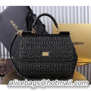 Most Popular Dolce&Gabbana Large Sicily handbag in Raffia Crochet and Crocodile Embossed Leather BB6113 Black 2024