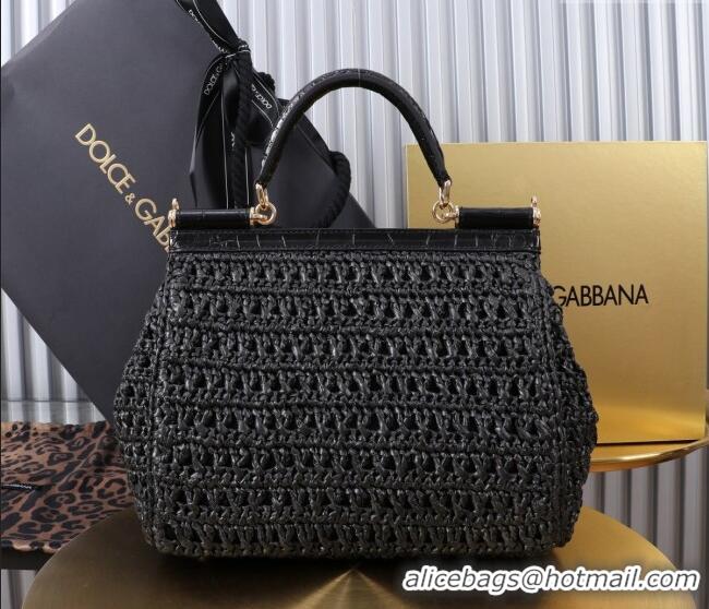 Most Popular Dolce&Gabbana Large Sicily handbag in Raffia Crochet and Crocodile Embossed Leather BB6113 Black 2024