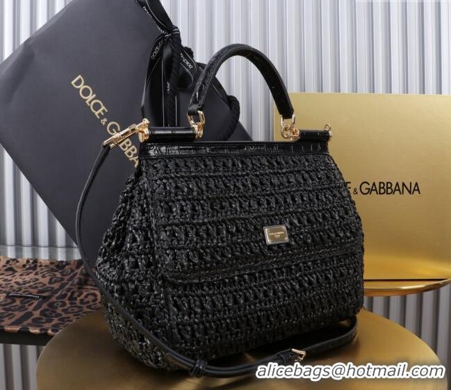 Most Popular Dolce&Gabbana Large Sicily handbag in Raffia Crochet and Crocodile Embossed Leather BB6113 Black 2024