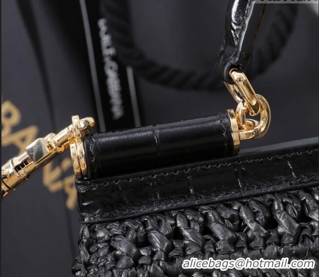 Most Popular Dolce&Gabbana Large Sicily handbag in Raffia Crochet and Crocodile Embossed Leather BB6113 Black 2024