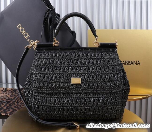 Most Popular Dolce&Gabbana Large Sicily handbag in Raffia Crochet and Crocodile Embossed Leather BB6113 Black 2024