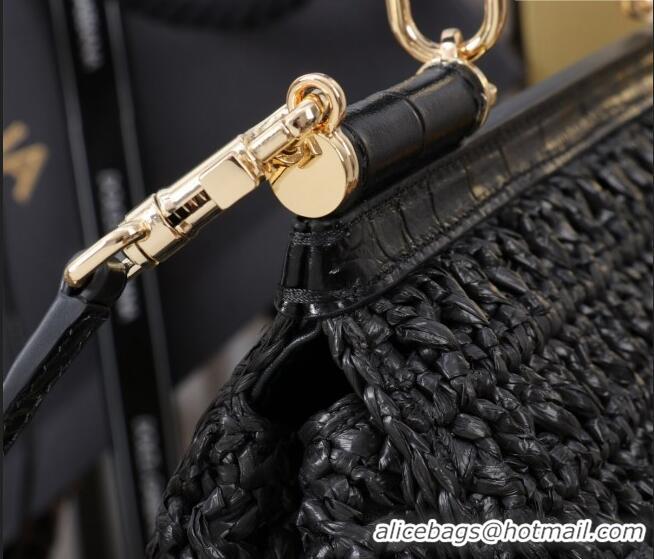 Most Popular Dolce&Gabbana Large Sicily handbag in Raffia Crochet and Crocodile Embossed Leather BB6113 Black 2024