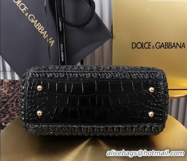 Most Popular Dolce&Gabbana Large Sicily handbag in Raffia Crochet and Crocodile Embossed Leather BB6113 Black 2024