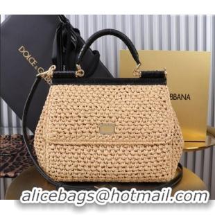 Well Crafted Dolce&Gabbana Large Sicily handbag in Raffia Crochet and Snakeskin Embossed Leather BB6113 Beige/Black 2024