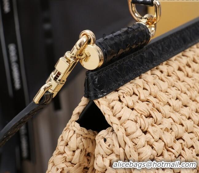 Well Crafted Dolce&Gabbana Large Sicily handbag in Raffia Crochet and Snakeskin Embossed Leather BB6113 Beige/Black 2024