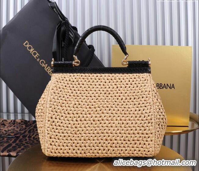 Well Crafted Dolce&Gabbana Large Sicily handbag in Raffia Crochet and Snakeskin Embossed Leather BB6113 Beige/Black 2024