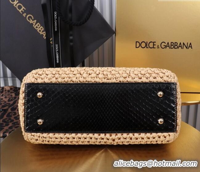 Well Crafted Dolce&Gabbana Large Sicily handbag in Raffia Crochet and Snakeskin Embossed Leather BB6113 Beige/Black 2024