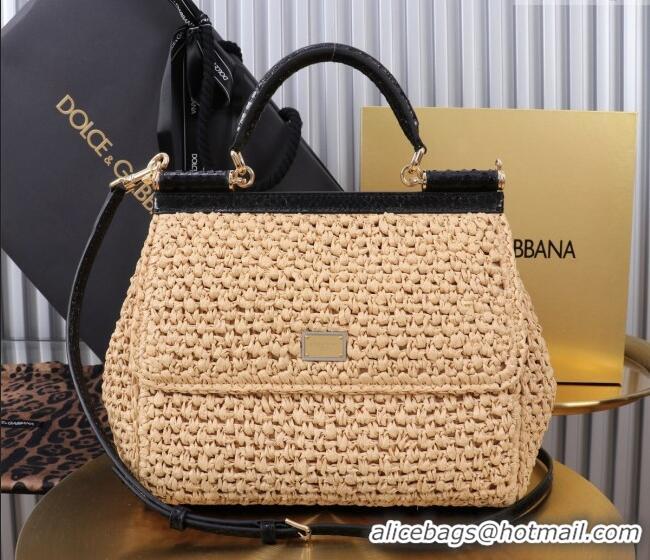 Well Crafted Dolce&Gabbana Large Sicily handbag in Raffia Crochet and Snakeskin Embossed Leather BB6113 Beige/Black 2024