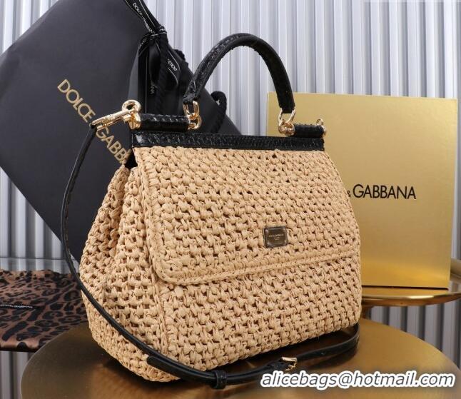 Well Crafted Dolce&Gabbana Large Sicily handbag in Raffia Crochet and Snakeskin Embossed Leather BB6113 Beige/Black 2024