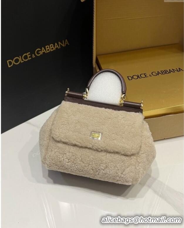 Super Quality Dolce&Gabbana Shearling Small Sicily handbag BB6112 Beige 2024