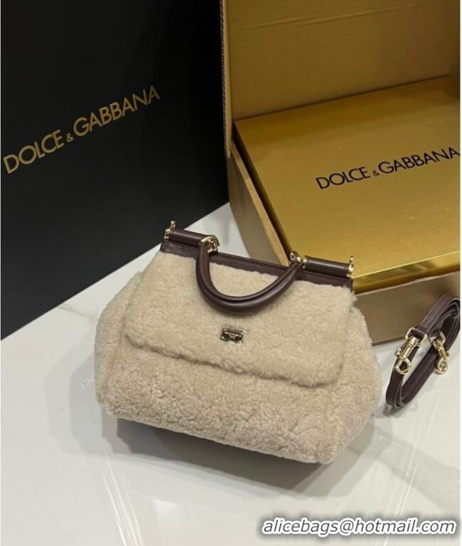 Super Quality Dolce&Gabbana Shearling Small Sicily handbag BB6112 Beige 2024