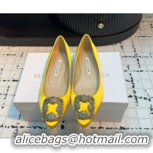 Classic Hot Manolo Blahnik Hangisi Satin Ballerinas Flat with Strass Buckle Yellow 1225034