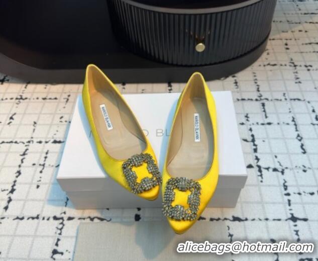 Classic Hot Manolo Blahnik Hangisi Satin Ballerinas Flat with Strass Buckle Yellow 1225034