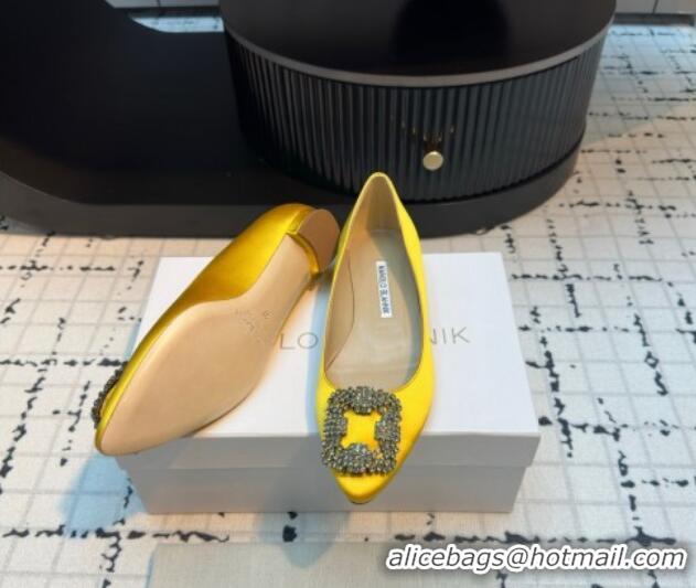 Classic Hot Manolo Blahnik Hangisi Satin Ballerinas Flat with Strass Buckle Yellow 1225034