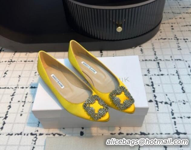 Classic Hot Manolo Blahnik Hangisi Satin Ballerinas Flat with Strass Buckle Yellow 1225034